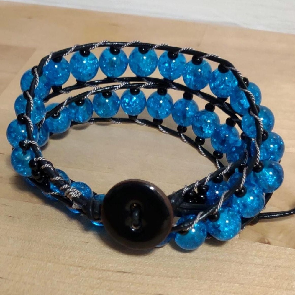 Blue Crackle Glass Bead Triple Wrap Bracelet Black Leather Cord Button Toggle